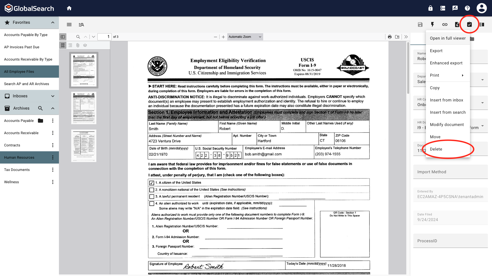 Document Viewer actions menu displayed with delete highlighted.